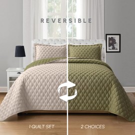 Elegant Comfort 3-Piece Quilted Reversible Bedspread Coverlet Set with Pillow Shams, Exquisite Diamond Stitching All Season Heavy Weight - Ultra Soft Premium Quilt- Full, Sage Cream