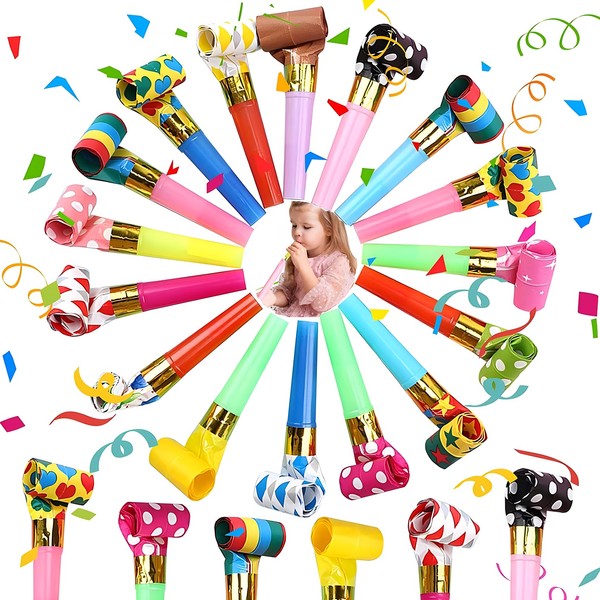 20Pcs Party Blowers, Party Blowers for Kids, Party Whistles Blowers Kids, Colourful Party Whistles Blowouts, Plastic Loot Bag Filler Noise Toy for Birthday, Wedding, Graduation, Anniversary Decoration
