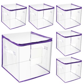 Abbylike 6 Pcs 12'' Zippered Clear Plastic Storage Bags with Label Pocket and Handles Plastic Storage Bins Clear Moving Bags Waterproof Organizers Tote Bags for Closet Sheet Clothes Packing(Purple)