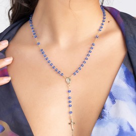 Barzel 18K Gold Plated Rosary Beaded Necklace, Virgin Mary Guadalupe Necklace, 18 Inches with 2 Inch Extension, Waterproof, Tarnish Free, Made in Brazil (Blue)