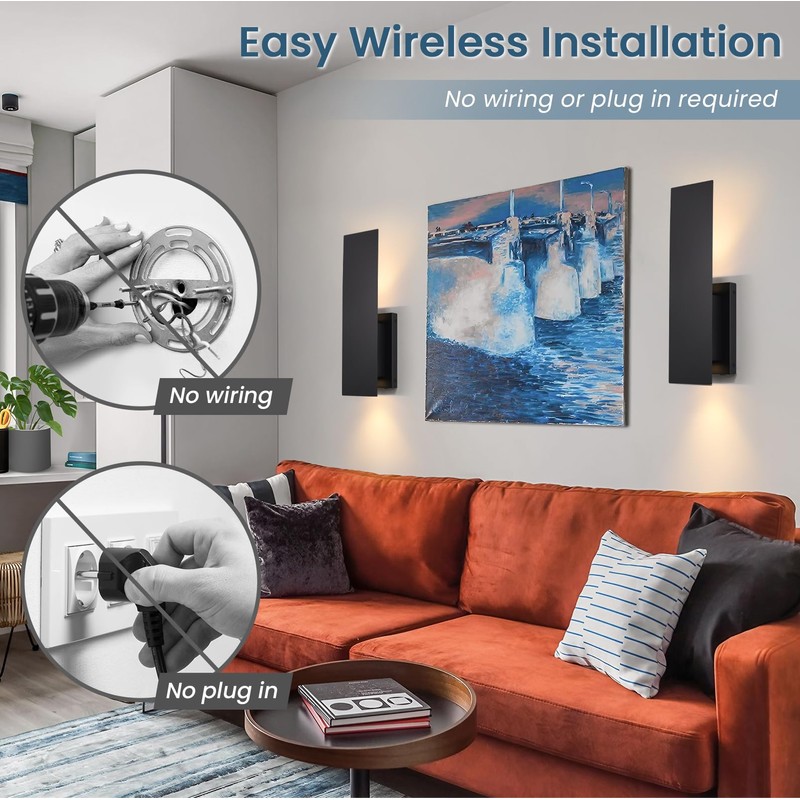 Black Wireless Wall Sconces Set of Two,3000K-6000K Dimmable Battery Operated