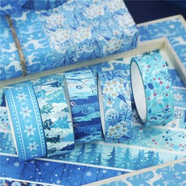 Baijixin Winter Washi Tape Set 10 Rolls - Blue White Snowflake Flower Tree Decorative Tape for Bullet Journal, Planner, DIY Arts Crafts, Scrapbooking