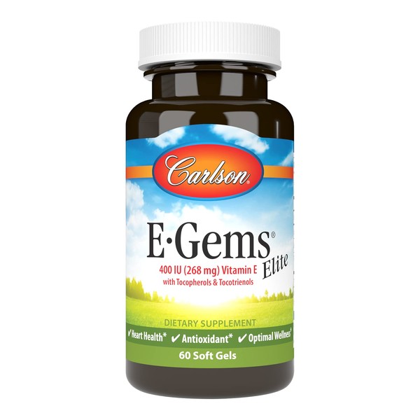 Carlson - E-Gems Elite, 400 IU Vitamin E with Tocopherols & Tocotrienols, Heart Health & Optimal Wellness, Antioxidant, 60 soft gels