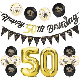 Afirbeone 50th Birthday Decorations Set, Including Black Gold Happy 50th Birthday Banner, Triangle Flag Banner, Confetti Latex Balloons and Aluminum Foil Balloons, for Birthday Party Decoration