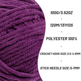 Plush Chenille Chunky Crochet Yarn - Baby Yarn for Crocheting Soft - Velvet Yarns Knitting for Blankets Crafts - Fluffy Amigurumi Yarns 100g / 131yd (Dark Purple)