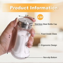 Salt & Pepper Shaker Set for Kitchen - 4 oz Clear Glass Salt & Pepper Shakers with Stainless Steel Lid, Adjustable Pour Holes, for Salts, Ground Peppercorn & Spices, Set of 2