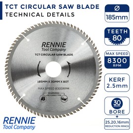185mm x 80T TCT Saw Blade x 30mm Bore. Fits Evolution Bosch Makita Ryobi Dewalt Circular Saws etc. 185mm Circular Saw Blade For Fine Cuts + 25mm/20mm/16mm Bore Reduction Rings, Fits 190mm Circular Saw