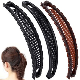 VARMDUKKE 3PCS Banana Hair Clips, Large Strong Hair Claw Clip with Double Combs, Classic Non-slip Hair Accessories for Women Straight Curly Long Hairstyle - Black, Brown, 2 Styles
