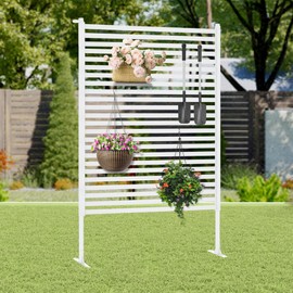 Carotex Outdoor Privacy Screen with Stand, Rustproof Metal Fence Panel, 35.43’’x 59.06’’ PE-Coated Steel Slats, Decorative Privacy Fence for Patio, Garden, Backyard, Trash Can, White(1 Panel)