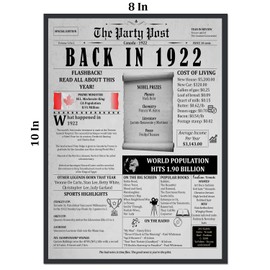 103rd Birthday Poster 8 x 10 Party Sign - Born 103 Years Ago Table Party Supplies. Back In 1922 Home Decor Bday Card. Wedding Anniversary Banner with Fun Facts for Her or Him Turning 103 Years Old