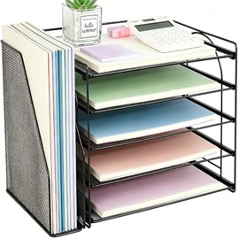 OPNICE Organizadores y accesorios de escritorio, bandeja organizadora de papel de 5 niveles con soporte para revistas, accesorios de escritorio de ofi