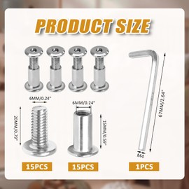 Biaungdo 15 Sets M6x20mm Hex Drive Socket Cap Bolt, Silver Furniture Joint Connector Bolts Cap Nuts M6 Binding Post Countersunk Screw Barrel Nuts Assortment Kit with Allen Wrench for Furniture, Belt