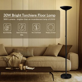 30W Torchiere Floor Lamp - 3600LM Super Bright LED Floor Lamp, 71 Inch Stepless Dimmable Standing Lamp with 3000K Lighting, Rotary Switch, Tall Metal Torch Floor lamps for Living Room/Bedroom (Black)