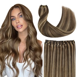 Ugeat Weft Hair Extension Human Hair Double Weft Human Hair Extensions 24inch Long Hair Extensions Sew in 90cm Width Weft Hair Extensions #4/27 105g