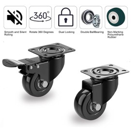 Tiffora Heavy Duty Castor Wheels - Rubbered Trolley Wheels - No Floor Marks Small Caster Wheels for Furniture - Black - 50mm up to 200KG (Pack of 4 without Brakes)
