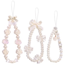 3 PCS Cute Phone Charms Aesthetic Y2K Cellphone Wrist Strap Bedazzling Flower Bow Butterfly Accessories ABS Imitation Pearl Beaded Anti-Theft Chain String for Bag Keychain Airpods Camera Decor
