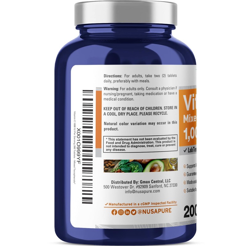 NusaPure Vitamin E 1000 IU 200 Tablets (Non-GMO, Gluten-Free) -