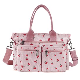 KAMEILONG Womens Casual Corduroy Tote Bags with Multiple Pockets Hobo Crossbody Bag Travel Shoulder Bags Cute Purse Handbag (Pink Cherry)