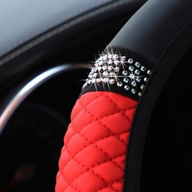 Couslcd Bling Car Steering Wheel Cover, 15 Inch Rhinestones Soft Leather Elastic Steering Wheel Protector, Sparkly Crystal Diamond for Women Girls, Car Interior Accessories for Most Cars (Red)