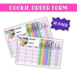Scout Cookie Order Form Grid with Girl Cookies | 30 pk 8.5x5.5” Card Hand Out Neighbors Sales Tracker Booth Sold Here Door Hanger Thank you Stickers Purple Little Brownie