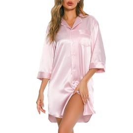 Vlazom Women's Silk Nightshirt Button Down Satin 3/4 Sleeve Nightgwon Boyfriend Sleepshirt Notch Collar Sexy Nightdress Pink,L