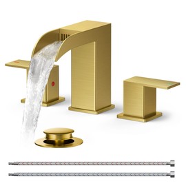 FORIOUS Square Brushed Gold Bathroom Faucets 3 Hole, Waterfall 8 Inch Widespread Bathroom Sink Faucet with Metal Pop-up Drain and Supply Lines, Two Handles for Vanity, Farmhouse, Rv