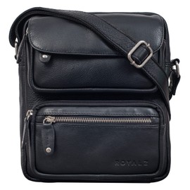 ROYALZ 'Florida' Men's Small Vintage Leather Shoulder Bag Mini Messenger Bag, Color:Black