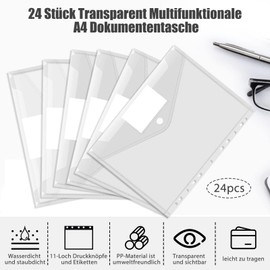 Vakki Document Wallet A4, Pack of 24 A4 Transparent Document Folders, A4 Transparent Pocket Document Folder Bag with 11 Hole Edge and Label Pocket for Organising Documents