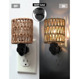 LOIWON Boho Plug in Night Light with Switch, 2-Pack Farmhouse LED Night Lights Plug into Wall Socket, 0.5W Baby Nursery Nightlight with Bohemian Rattan Lamp Shade for Adult Kids Room Bathroom Hallway