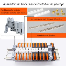 DIN Rail Terminal Blocks Kit, with 20pcs Universal Compact Connectors, 2pcs Connection Bar, 2pcs Marker Strip, 2pcs DIN Rail Terminal End Block, 20pcs Screws, with Transparent Storage Box, 28-12 AWG