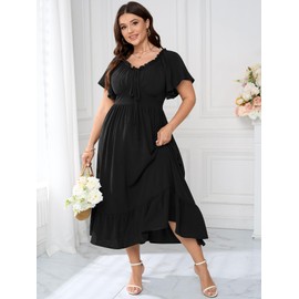 SCOMCHIC Womens Plus Size Dresses Short Sleeve Elastic V Neck Smocked Summer Ruffle Flowy A Line Maxi Dress Black