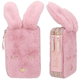 Depesche 12864 Princess Mimi Bunny Ballet - Filled 2-Compartment Pencil Case with Pink Plush Fur and Long Ears, Pencil Case with Colouring Pencils, Eraser, Sharpener and much more