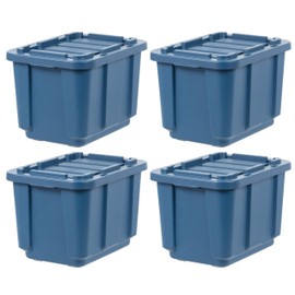 IRIS USA 12 Gallon Eco-Friendly Heavy Duty Truck Bed Toolbox Storage Tote Bins with Lids, 4 Pack - Made in USA, Tough Snap On Lid Stackable Industrial Rugged Tubs, Garage Organization Reusable - Navy