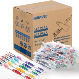HOMVLE 100 Packs Disposable Toothbrushes with Toothpaste, Individually Wrapped Buld Toothbrush and Toothpaste Buld for Travel Size Toiletries, OCC, Airbnb, Dentist, Office/5 Colorful