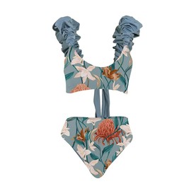 IDOPIP Women's Two Piece Swimsuit with Cover up Beach Skirt Floral Printed Swimsuit Bathing Suit Ruffle Monokini Swimwear Wrap Sarong Coverups 3 Pieces Bikini Set Beachwear Blue Floral 3PCS M