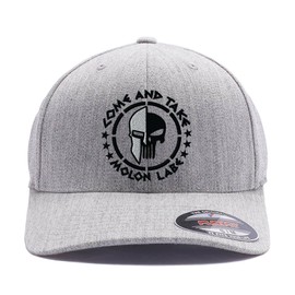 Spartan Skull Warrior Helmet Molon Labe/ΜΟΛΩΝ ΛΑΒΕ - Come and Take Embroidered Flex Baseball Hat (Heather Grey, L/XL)