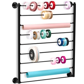 Menkxi 9 Tier Wall Mounted Ribbon Organizer Metal Wrapping Paper Organizer Storage Ribbon Rack Holder for Sewing Craft Mesh Thread Tape Wreath Crochet Craft Room Flower Shop Fourth of July Day Gift