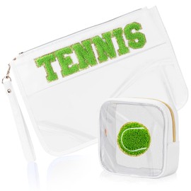 SUILU 2 Pcs Cosmetic Makeup Bag with Chenille Letter Patch,with Handles PVC Waterproof Clear Makeup Bag,Portable Toiletry Storage Bag, Tennis, 15.8 x 14 inches