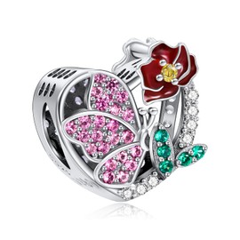 NINGAN August-Poppy Birth Flower & Butterfly Charm for Birthstone Charms Bracelets 925 Sterling Silver Pendant Bead with Cubic Zirconia Birthday Jewelry Gifts for Women Wife Mom Girls Her