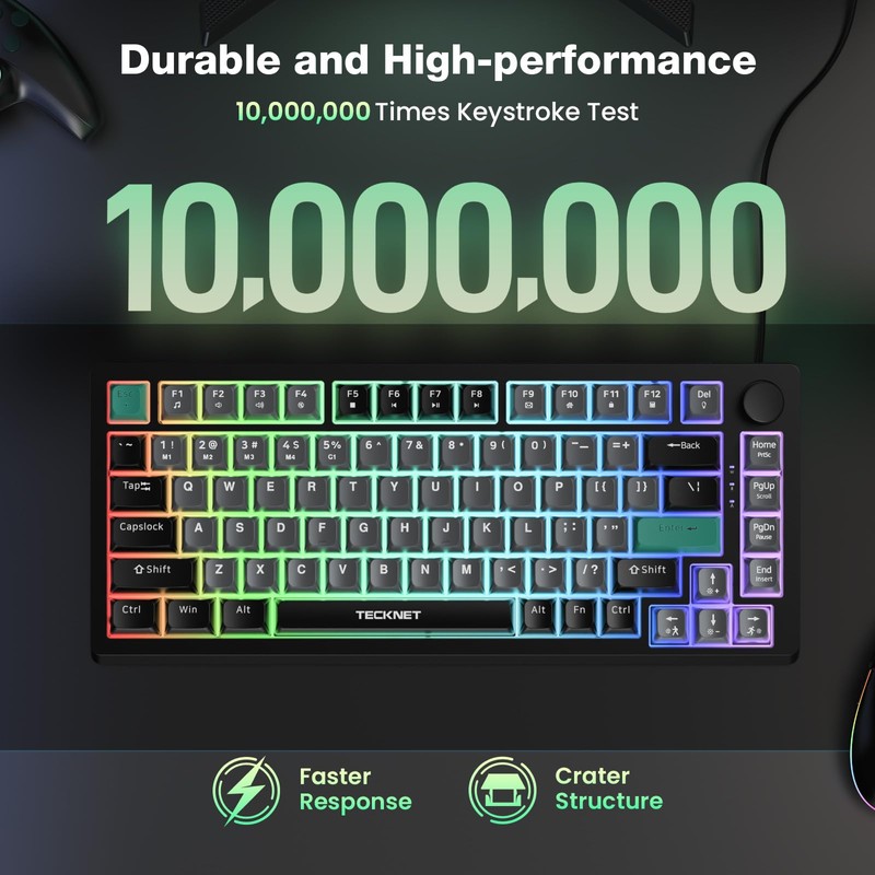 TECKNET Gaming Keyboard, 75% Wired Keyboard, RGB Backlit, 82-Keys with