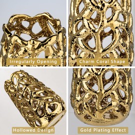 Oairse Gold Vases for Centerpieces, Coral Openwork Ceramic Flower Vase 9" Hollowed Decorative Pampas Grass Vase Gold Table Decor for Home Living Room Dinner Room Bedroom Office Wedding