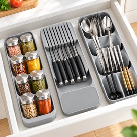 Kitchen Drawer Organizer for Knives, Cutlery & Spices – Space-Saving PP Storage Tray for Neat Kitchen Drawers and Countertops