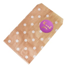 CuteBox Company 100pcs 6" x 9" White Polka Dot on Kraft Flat Paper Gift Bags with 100pcs 1.5" Purple/Gold Thank You Stickers for Retail, Packaging, Party Favors, Birthdays, Weddings