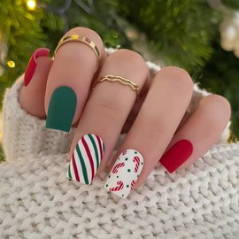 Christmas Press on Nails Short Square Fake Nails with Red White Green Stripes Design Xmas Candy Glue on Nails Full Cover False Nails Press ons Acrylic Matte Stick on Nails for Women 24 Pcs