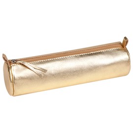 Clairefontaine - Ref 8692C - Cuirisé' Leather Round Pencil Case - 22cm x 5.5cm, Made From Genuine Lambskin Leather, Metal Zip With Leather Puller - Gold