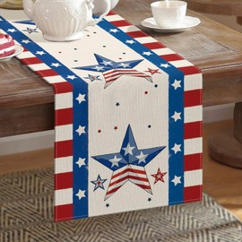 DLZDN 4th of July Blue Red Star Table Runner Independence Day Memorial Day Patriotic Home Kitchen Dining Table Home Party Decor 13x72 Inch