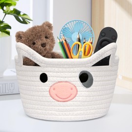 LSYDCARM LSYDCARM Small Cow Woven Baskets, Round Cotton Rope Storage Basket Toy Basket with Handle for Organizing, Cute Baby Basket for Nursery, Gift Basket for Baby Shower, Cat Dog Toy Storage Bins