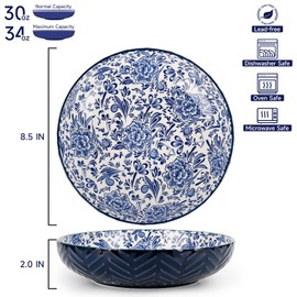 KitchenTour Pasta Bowls 34 oz, Large Salad Bowls Serving Bowls, 8.5 Inch Ceramic Embossment Wide and Shallow Bowls Set of 4, Soup Bowls for Kitchen, Dishwasher and Microwave Safe