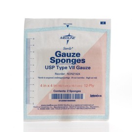 Medline Sterile 100% Cotton Woven Gauze Sponges, 4" x 4", 12-Ply, Ideal for Wound Dressing and General Cleaning, Pack of 2