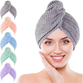 Toalla de microfibra suave para secado de cabello, paquete de 5 turbantes elásticos para cabello de secado rápido, ideal para mujeres, cabello rizado y húmedo